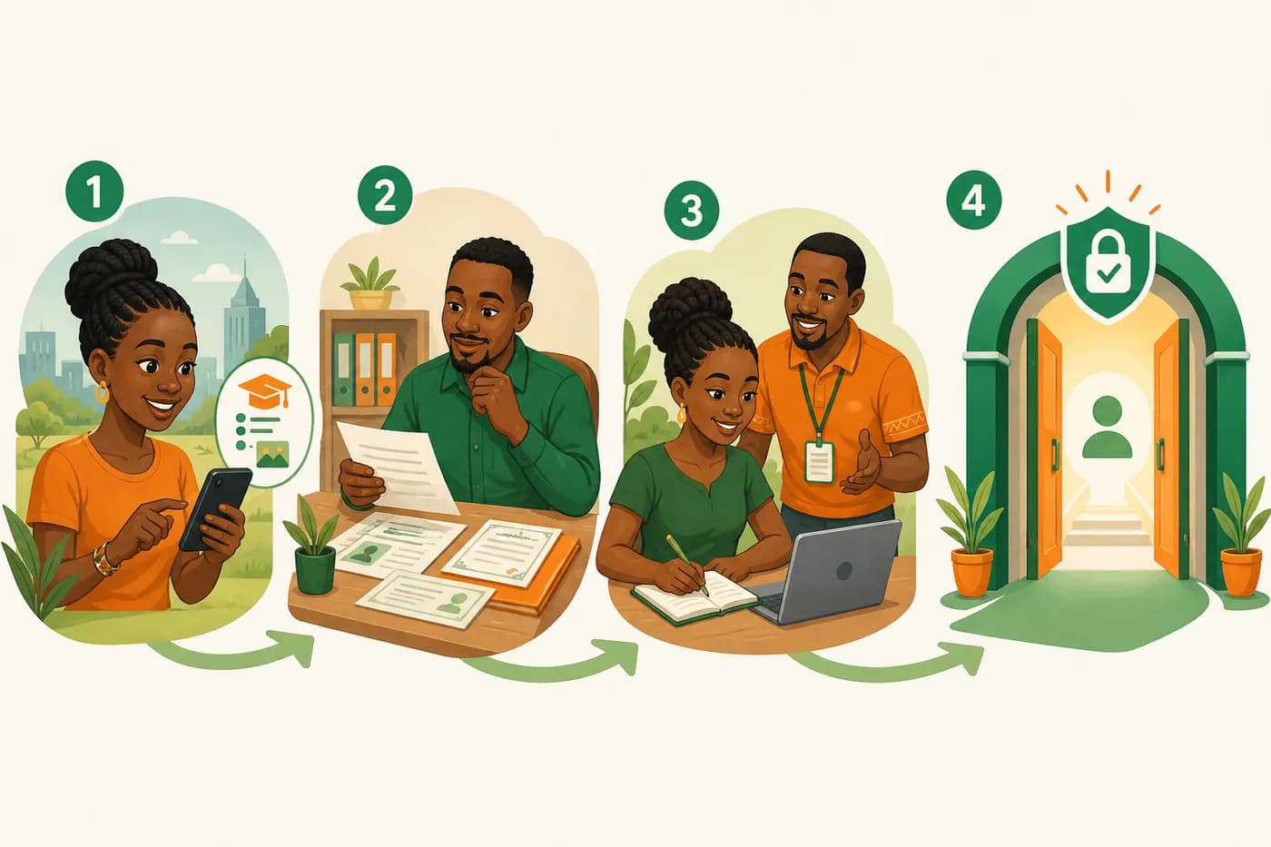 Caricature journey from programme discovery and document checks to preparing with support and continuing to the official admissions portal